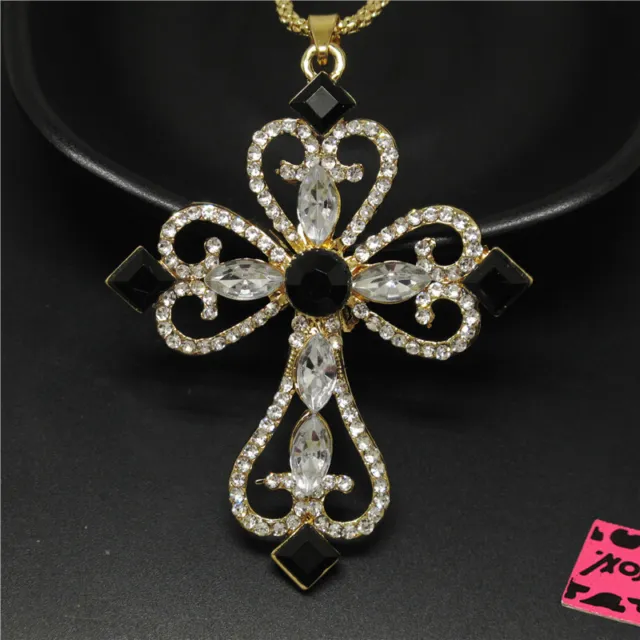 Hot Betsey Johnso White Bling Flower Prayer Cross Crystal Pendant Women Necklace