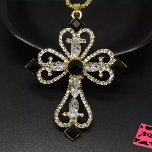 Hot Fashion Women White Bling Flower Prayer Cross Crystal Pendant Lady Necklace