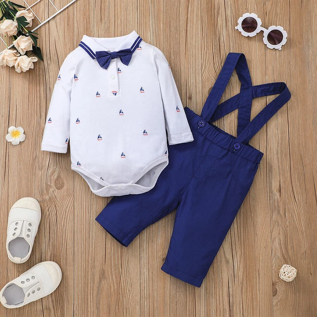 2PCs Newborn Baby Boys Gentleman Bowtie Long Sleeve Romper Pants Outfits Clothes