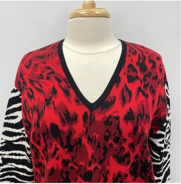 Fausto Puglisi 100% Wool Animal Print V-Neck Sweater Boho Red Black 2