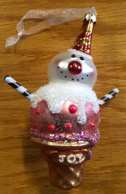 Jolly Snowman Ice Cream Cone Christmas Ornament Used