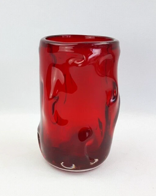 Heavy Ruby Red Dimpled Glass Art Vase - 17cm / 1.3 kg Vintage