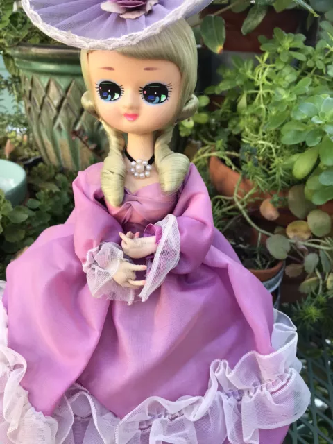 Vtg 12” 1970s Cavendish Bradley Big Eyes Blonde Doll Southern Belle Purple MCM