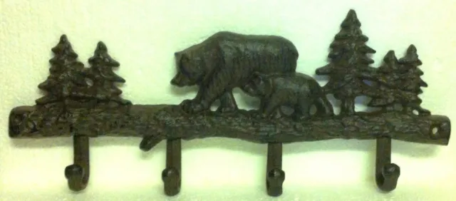Bear Coat Rack - Key Rack - Cast Iron Bear w/ Cub - Pine Trees - Lodge, Cabin