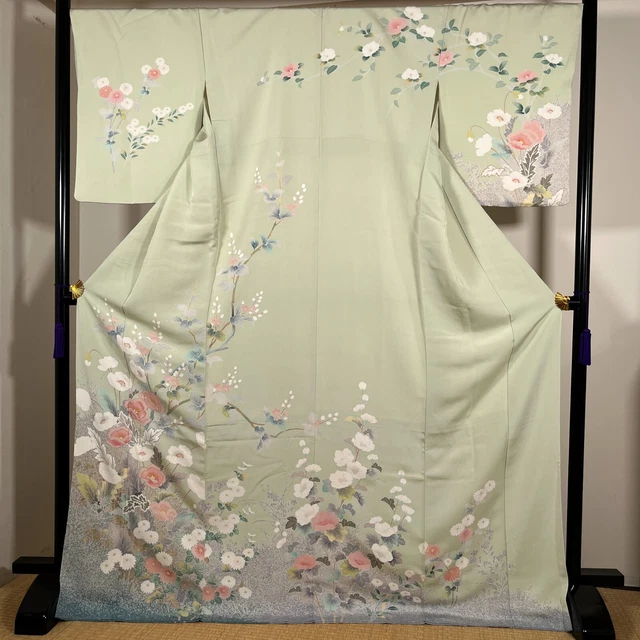 K3011225 Antique Japanese Kimono Silk Homongi Crane Flower Green