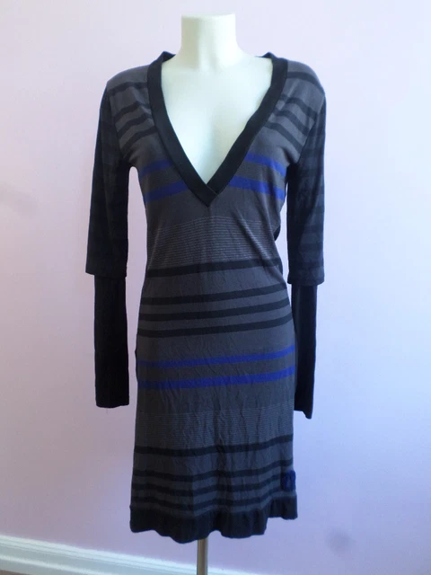 Robe COP COPINE Monsera - Taille 36 - Manches Longues, Col V - Rayures Noir Et Bleu - Stretch - Occasion Très Bon état - Fabriquée Au Portugal