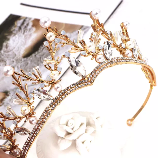 6cm Tall Gold Floral Pearl Crystal Wedding Bridal Queen Pageant Prom Tiara Crown 3