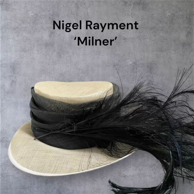 Nigel Rayment Hat. Weddings christenings. Cream & black Feather. Used.