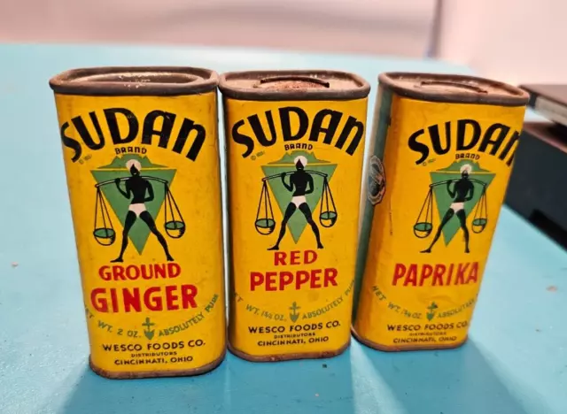 1930s Sudan Spice Tins, ground ginger, red pepper, paprika  The Kroger Food