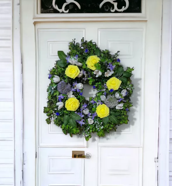 Handmade Spring Wreath Artificial Yellow Purple Flowers Fresh Greenery Elegant