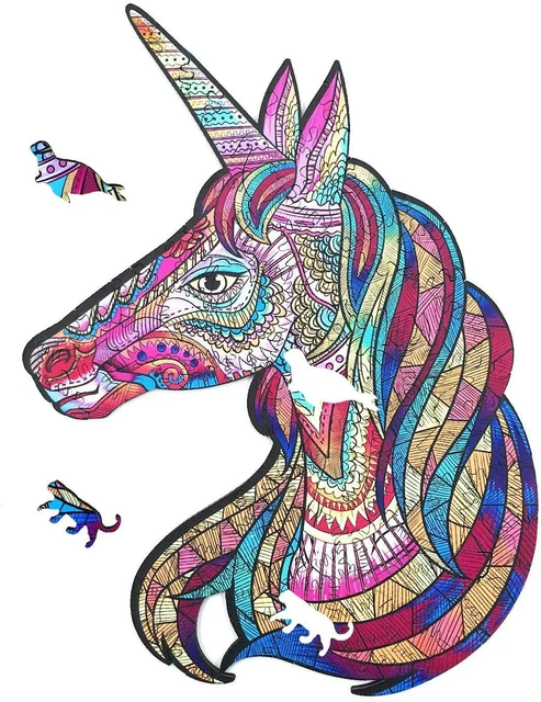 Unicorn Wooden Puzzle Jigsaw, Unique Shaped Puzzle Hidden Animal Pieces 119 PCS