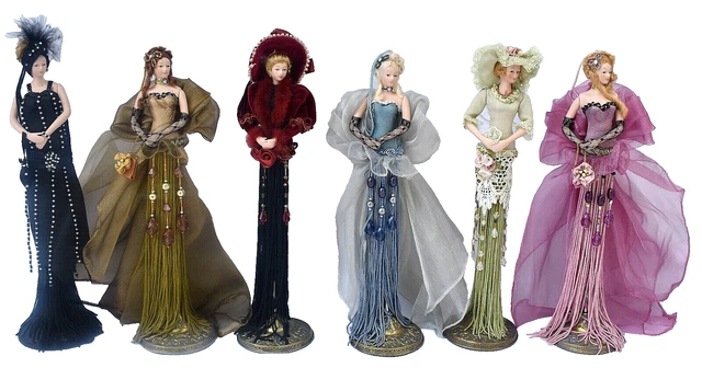 POPULAR CREATIONS Set of 6 VICTORIAN TASSEL DOLLS with Stands