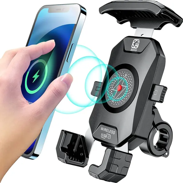 Waterproof Motorcycle Phone Mount Qi 15W Wireless & USB C 20W Fast Chargeing Por
