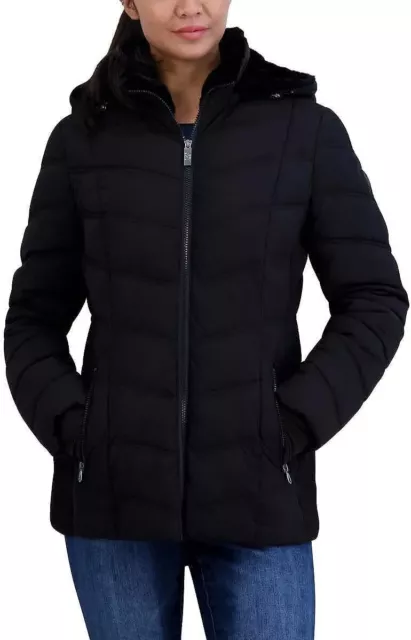 Nautica Puffer Jacket Women's Small Detachable Hood Fleece Pockets Ribbed Black