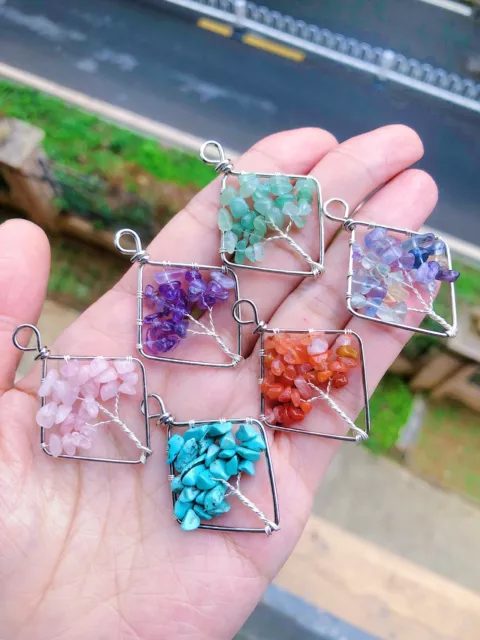 6pcs Mixed Agate Yoga Gems Stone Tree Of Life Pendants Reiki Healing Amulet