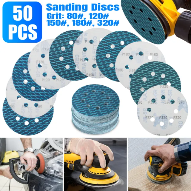 50Pcs 5" 8 Hole Sanding Disc Hook & Loop Pads Sandpaper Set for Orbital Sander