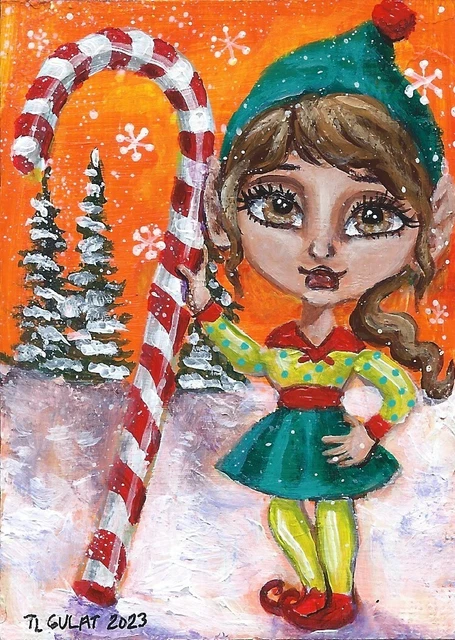 ACEO Original Mini Acrylic Painting Christmas Elf Candy Cane Trees Snow Gulat