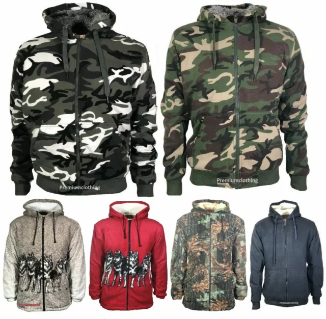 Mens womens Camouflage Hoodie Fur Lined Full Zip Army Camo Hooded Winter Jacket