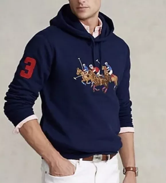 NEW Polo Ralph Lauren Triple Pony Fleece Sweatshirt Sz.LT Hoodie Men's Navy Blue