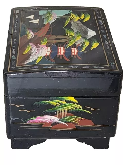 Vintage Japanese Black Lacquered Hand Painted Musical Jewelry Box - 6" X 3.5" 3