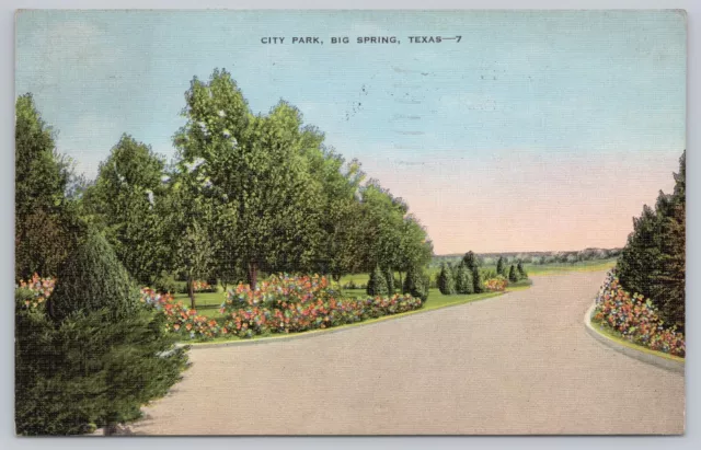 1943 City Park Big Spring Texas Vtg Linen Postcard Flowers to Fairmont, West VA