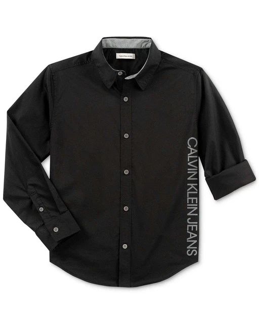 Calvin Klein Big Kid Boys New Icon Cotton Shirt,Black,Small Petite