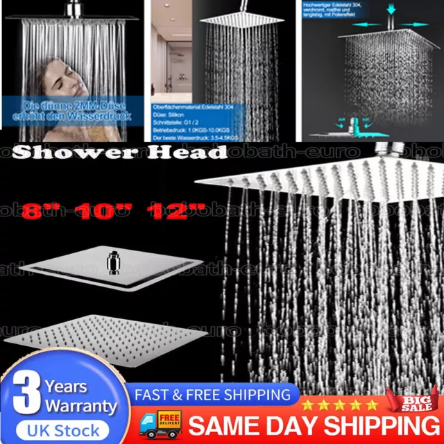 12" Square Shower Head Chrome Stainless Steel Rainfall Overhead Large Bathroom