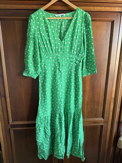 zara polka dot dress green Green Polka Zara Polka Dot Midi Zara POLKA DOT MIDI V-NECK DRESS W3/4 Puff