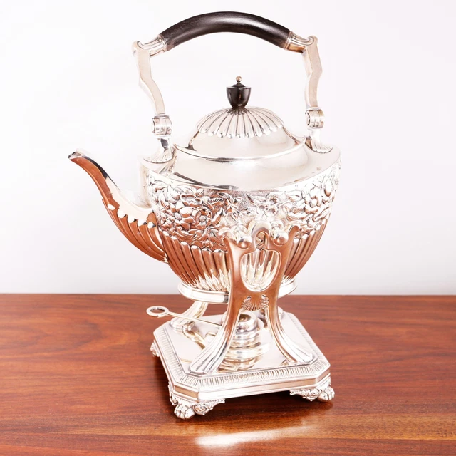 Superb Tiffany Co Silver Soldered Tea Kettle On Stand W/ Burner Fluted Floral
