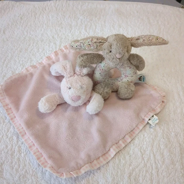 JELLYCAT PINK BUNNY Security Blanket & Beige Blossom Bea Bunny Grabber
