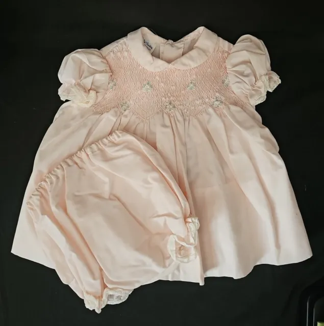 VTG Polly Flinders Pink Baby Dress & Bloomers Hand Detailed Embroidery 9 Months