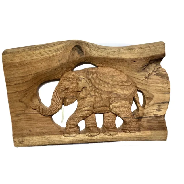 Wooden Carved Plaque Elephant Wall Art Hanging Natural Wood Color