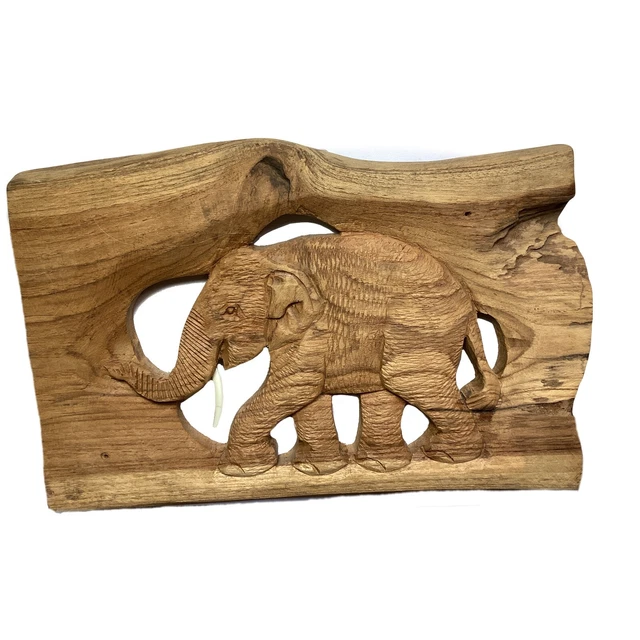 Wooden Carved Plaque Elephant Wall Art Hanging Natural Wood Color