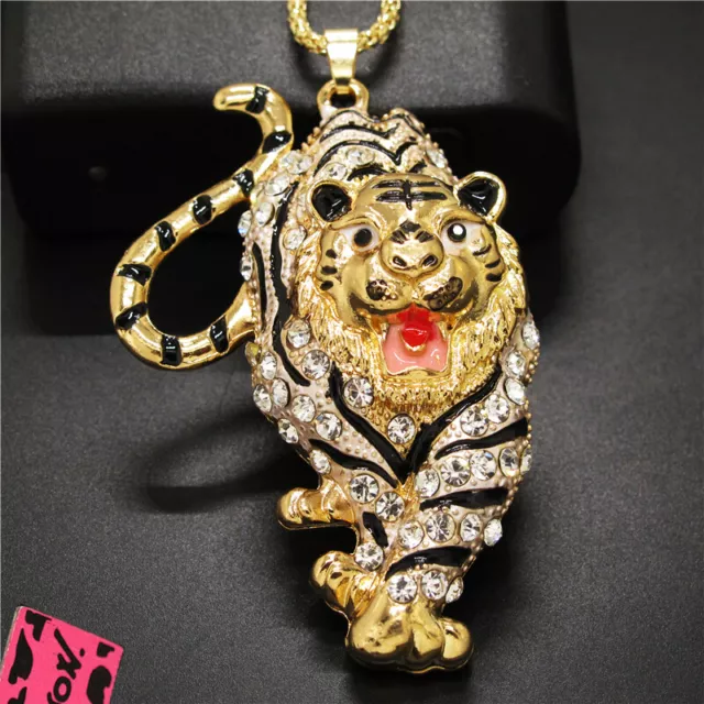 Hot Betsey Johnson White Rhinestone Animal Tiger Crystal Pendant Chain Necklace