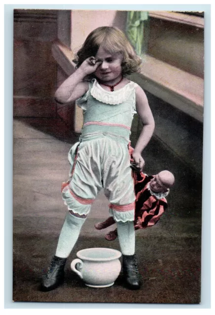 c1910's Little Girl Toilet Chamber Pot Creepy Chinese Doll Antique Postcard