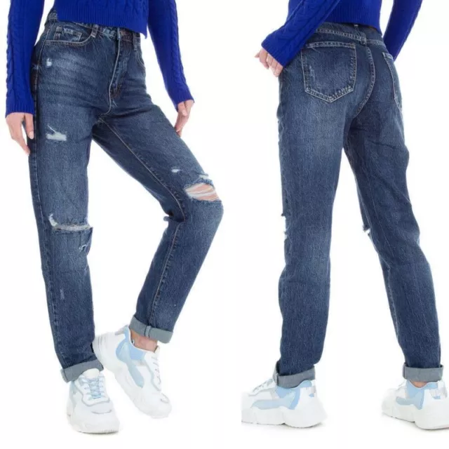 Jeans da donna larghi regular fit boyfriend strappati stinti vita alta pantaloni