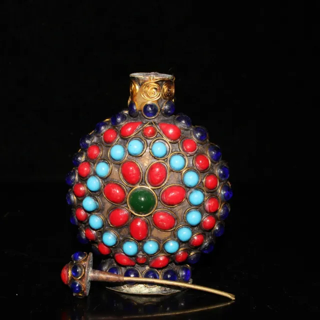 Collectable Handwork Old Miao Silver Inlay Coloued Bead Noble Snuff Bottle 3