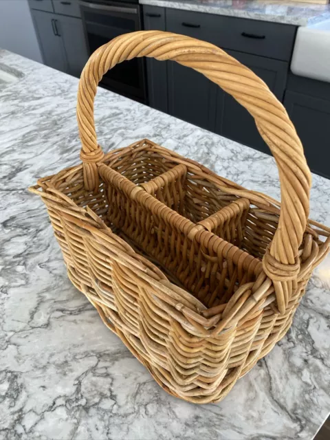 Large Four Section Wicker Basket W/Handle 10” By 6”