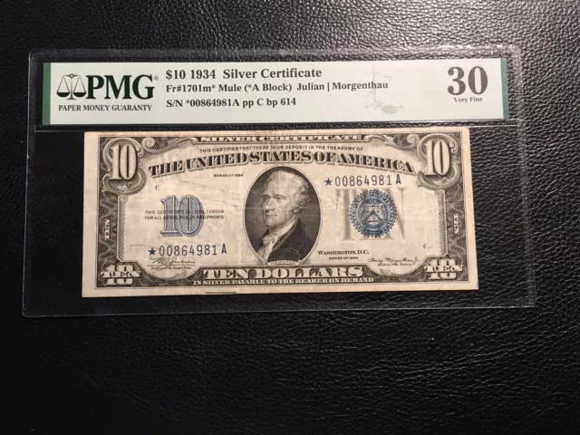 10.00 1934 Silver certificate Star Mule Fr1701M PMG 30 vf small pencil mark
