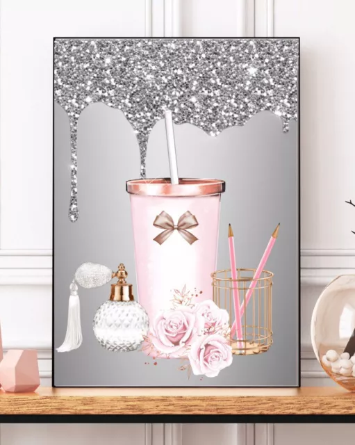 Glam Perfume Print Glitter Pink Silver Grey Office Picture Wall Art Bedroom A4 1