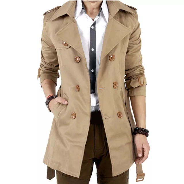Men's Winter Slim Double Breasted Trench Coat Long Jacket Overcoat Outwear Brown