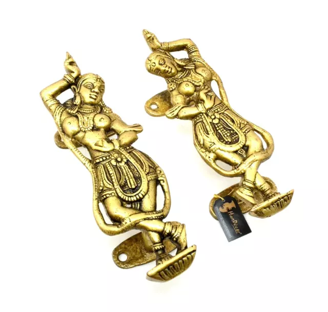 Handmade Antique Finish Ethnic Dancing Apsara Design Brass Door Handle Pair