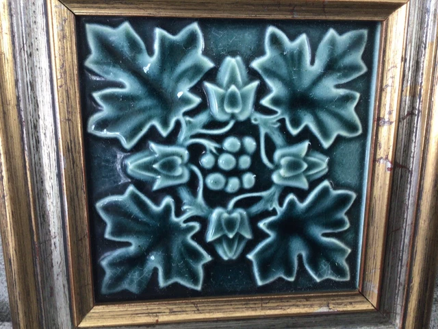 Antique Tile Framed Leaf Pattern Blue Green Color