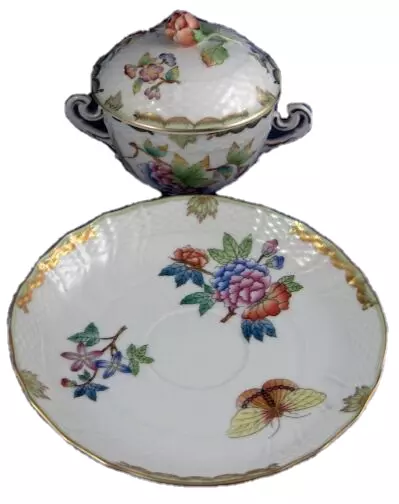 Rare Antique Herend Porcelain Lidded Cup & Saucer Porzellan Queen Victoria Tasse