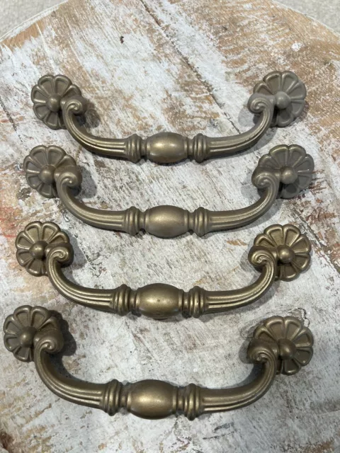 Set Of 4 Vintage Brass Floral Salve Furniture Pulls 7”