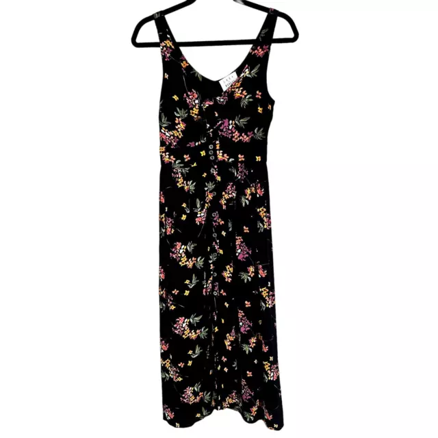 Lost + Wander Black with Floral Print Midi Dress Size XS Tie and Button Front