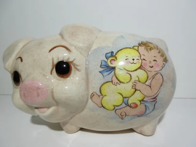 Glazed Ceramic Hand Painted 7" Piggy Bank Baby Boy Teddy Bear Coin Bank Vintage