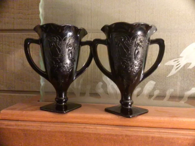Vintage 1930’s LE Smith Black Amethyst Set of 2 Trophy Vase Dancing Nymphs CR105 2