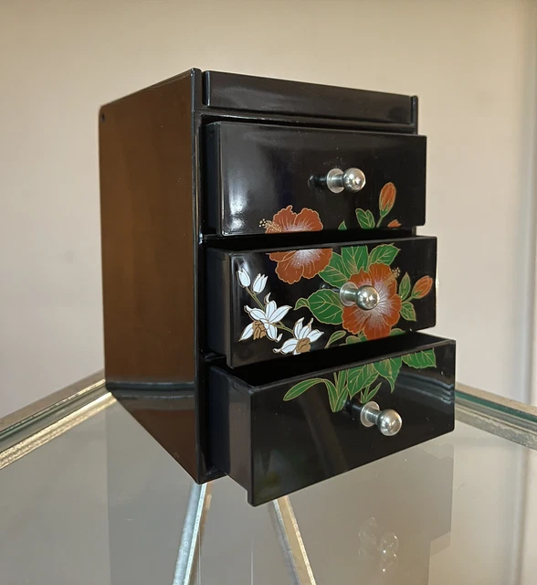 Vintage Jewelry Box Made in Japan Three Drawer Flowers with Mirror