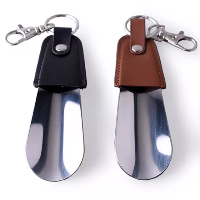 Mini Portable Stainless Steel Spoon Slip Leather Shoe Horn Sturdy Key Ring